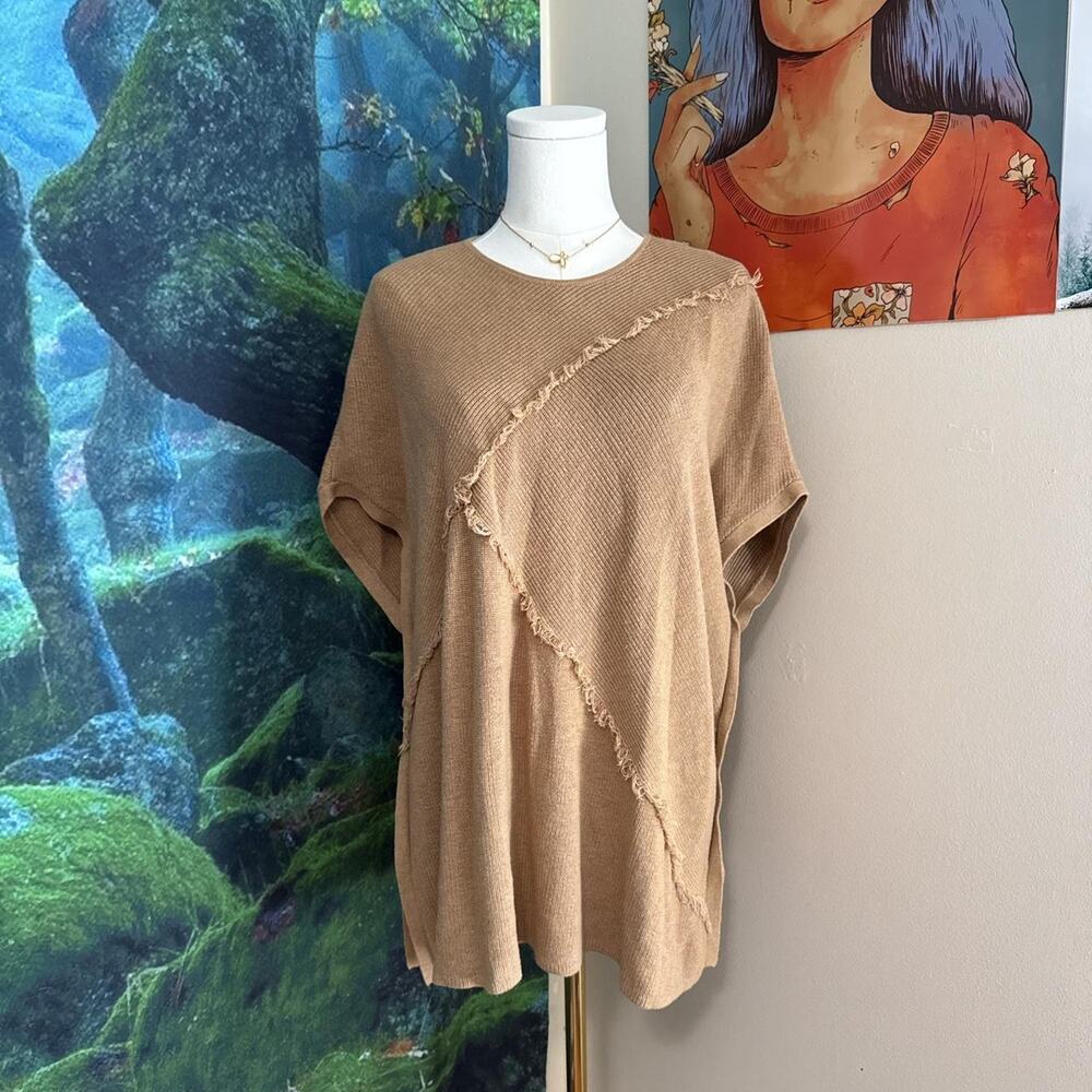 j. jill camel knit poncho sweater tan oversized raw edge xs/s